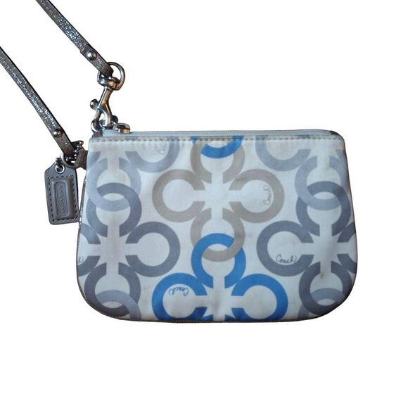 Coach Satin Clover Print Wristlet Gray Blue Logo Pattern Small Purse - Picture 1 of 6